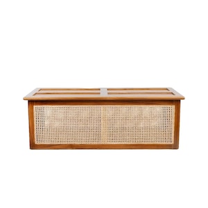 Cofre de lino de teca hecho a mano, inspirado en Pierre Jeanneret, detalle de ratán