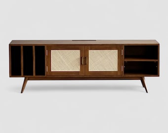 Solid teak Mid-Century Modern TV Console,Sideboard with Rattan Doors Handcrafted