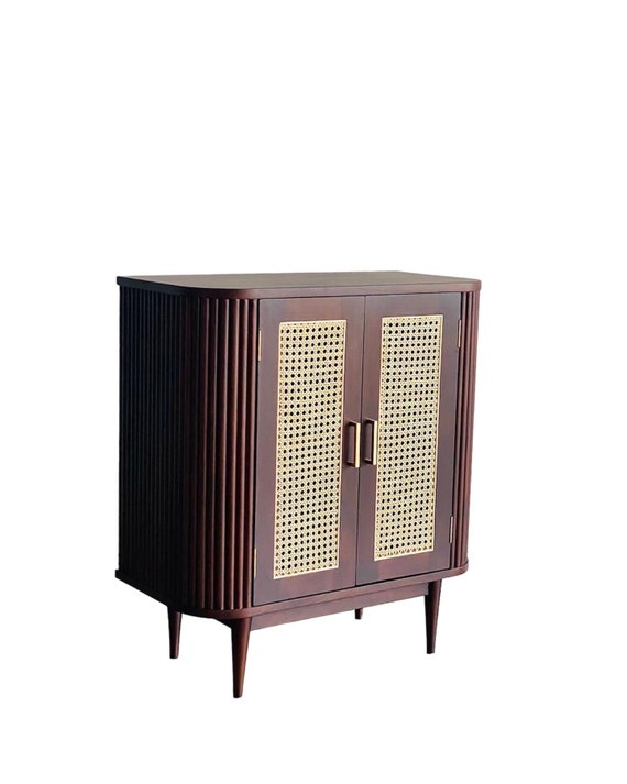 Midcentury solid teak fluted cabinet & shoe rack with rattan doors handcrafted in India