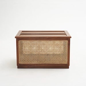 May include: A rectangular wooden storage box with a woven cane front. The box has a dark brown wood finish and a natural cane color.