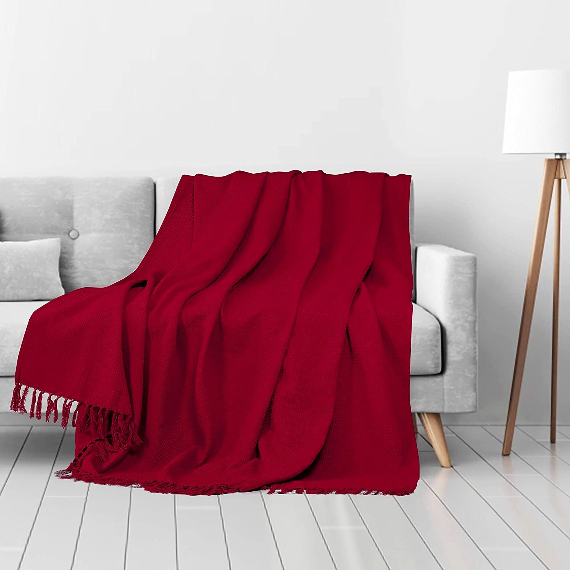 Red Waffle Cotton Blanket King Size Tassel Throw Blanket Etsy UK