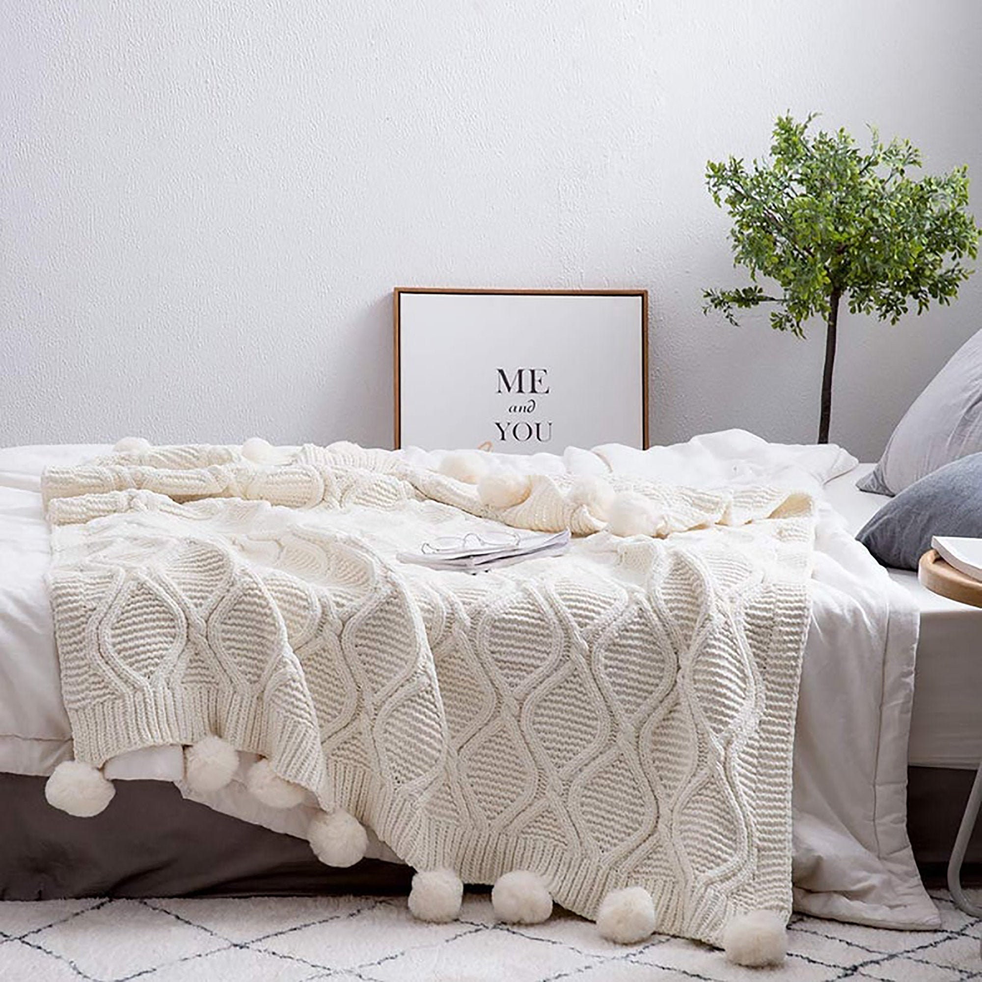 Cream Milky Pom Pom Throw Blanket Fluffy Pompom Throw Knitted Etsy