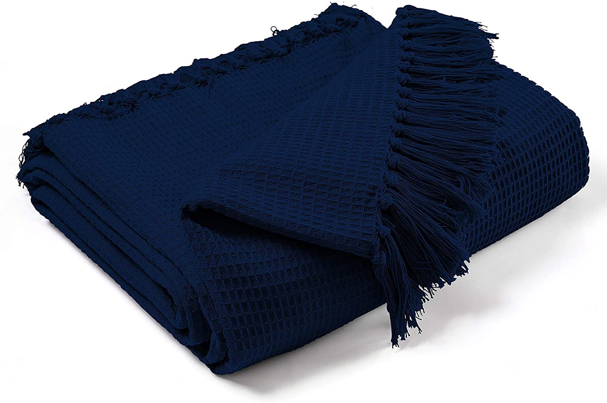 Navy Blue Waffle Cotton Blanket Double Size Tassel Throw Etsy UK