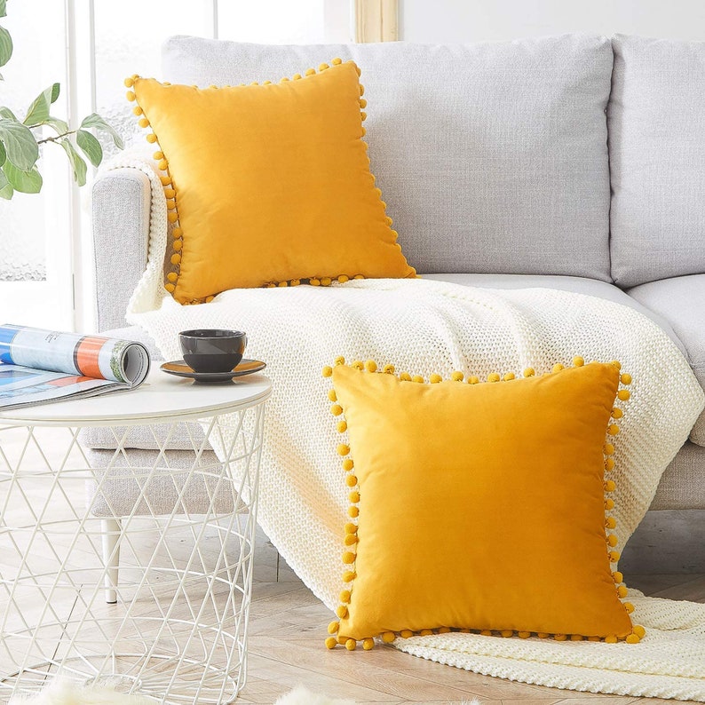 Set of 2 Yellow Pom Pom Velvet Cushion / Cushion Covers 45x45 Etsy