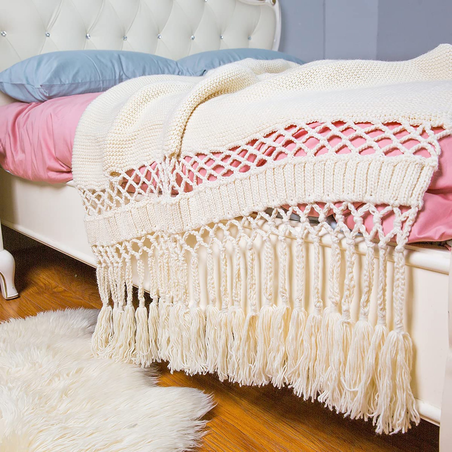 Cream Knitted Throw Blanket Boho Woven Fringed Sofa Blanket Etsy