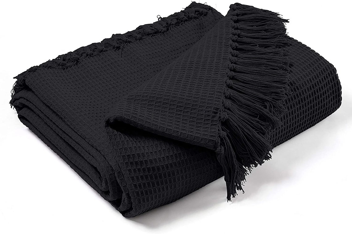 Black Waffle Cotton Blanket King Size Tassel Throw Blanket Etsy