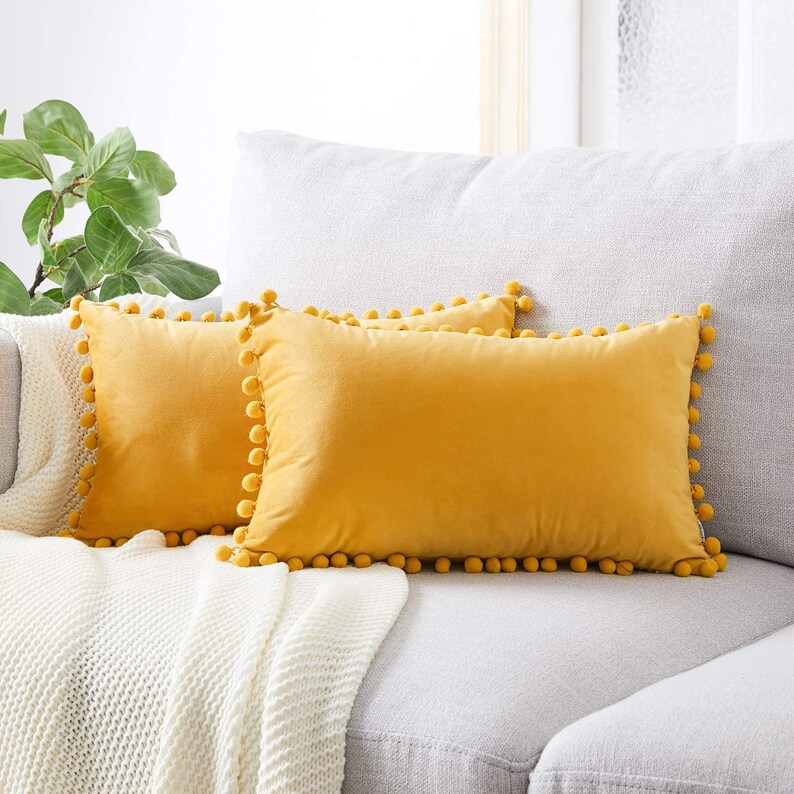 Set of 2 Yellow Pom Pom Velvet Cushion / Cushion Covers 30 x Etsy