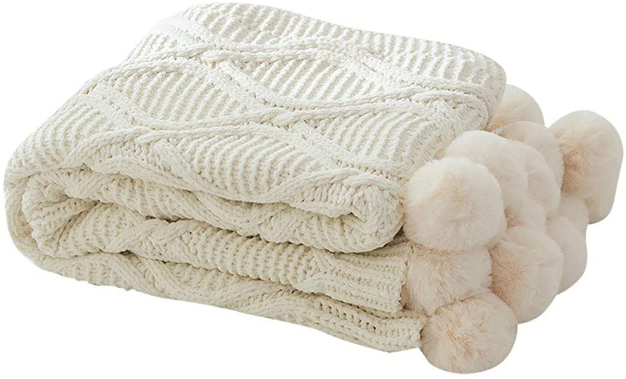 Cream Milky Pom Pom Throw Blanket Fluffy Pompom Throw Knitted Etsy