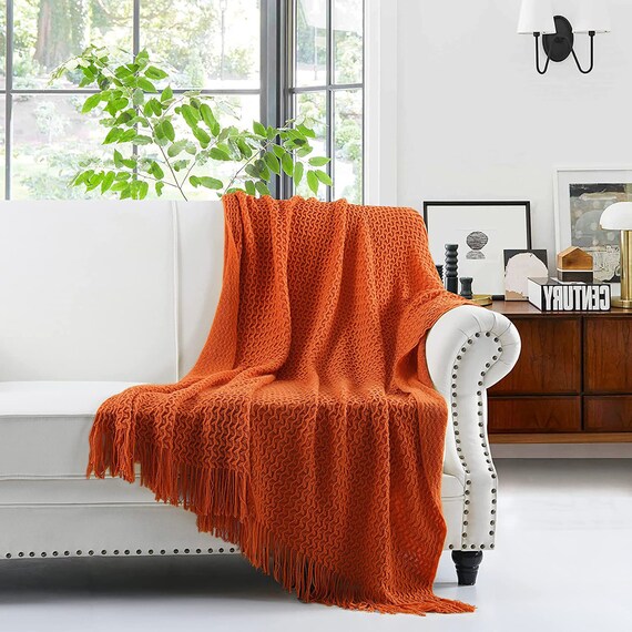 Orange Throw Blanket Knitted Orange Sofa Throw Orange Bed Etsy UK