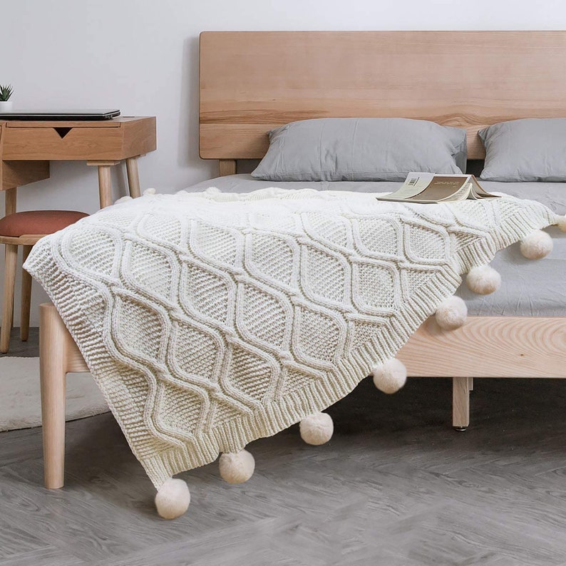 Cream Milky Pom Pom Throw Blanket Fluffy Pompom Throw Knitted Etsy