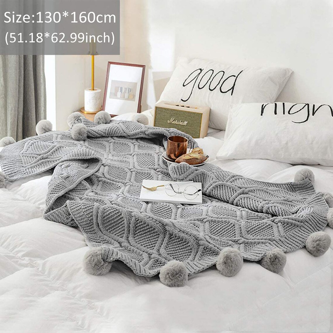 Grey Pom Pom Throw Blanket Fluffy Pompom Throw Knitted Throw Etsy