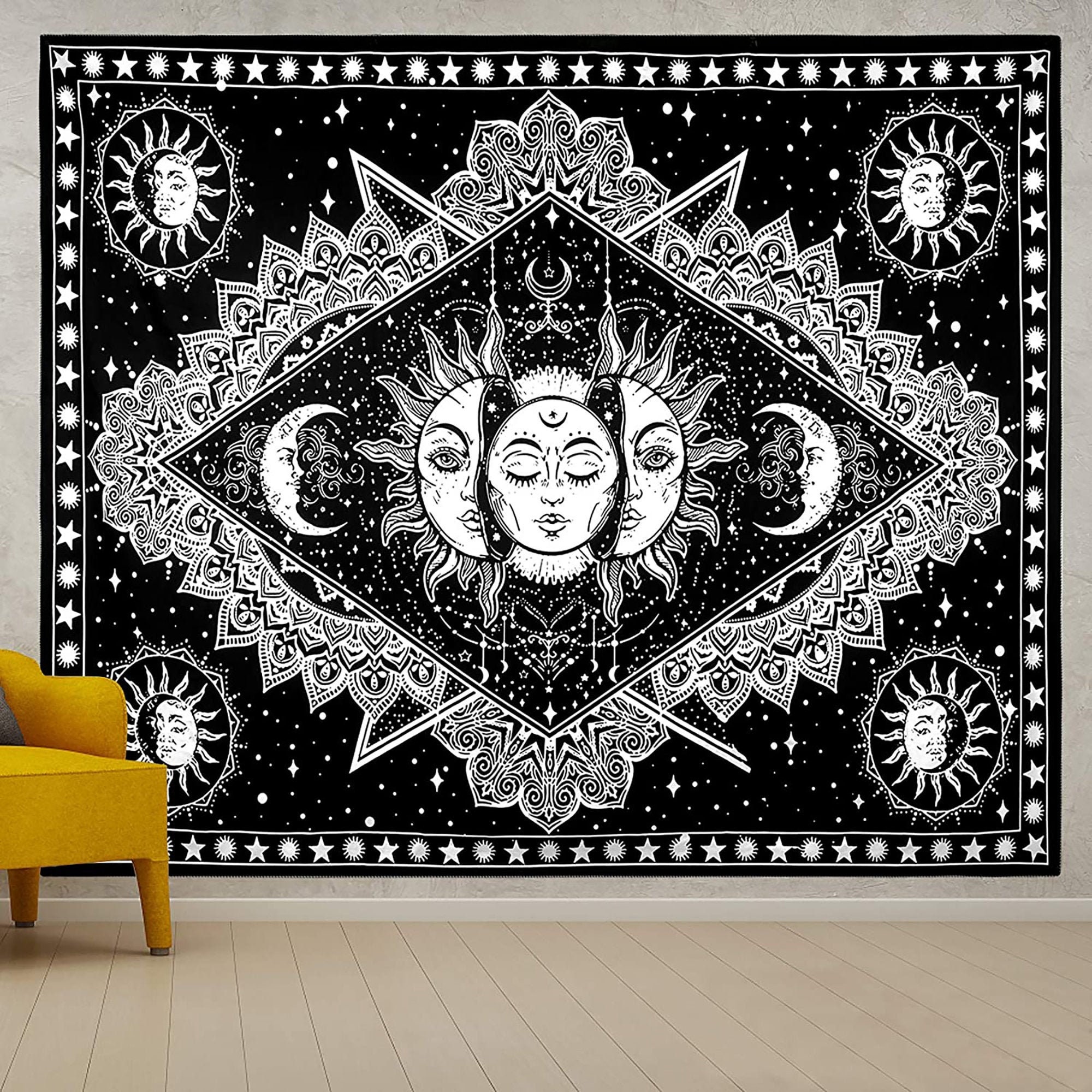 Moon and Sun Wall Art Tapestry Black and White Wall Hanging Etsy