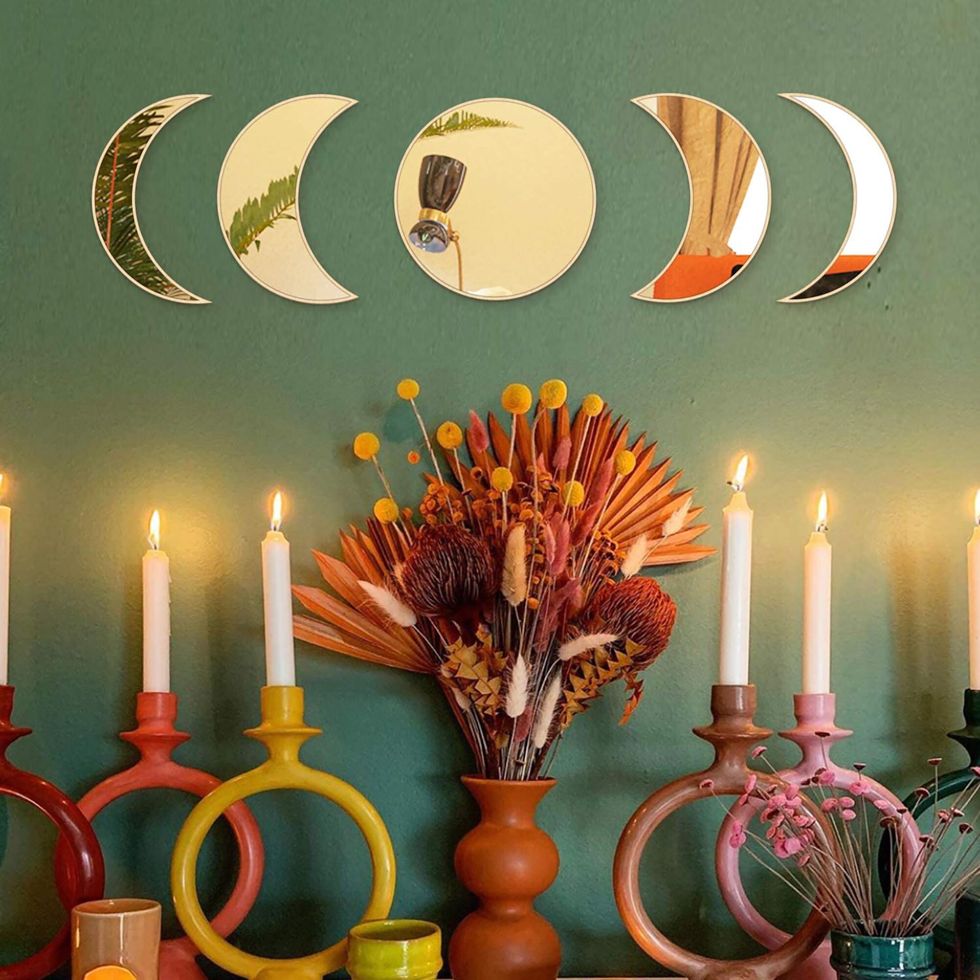 Set of 5 Moon Phase Wall Mirrors Black / Beige Etsy