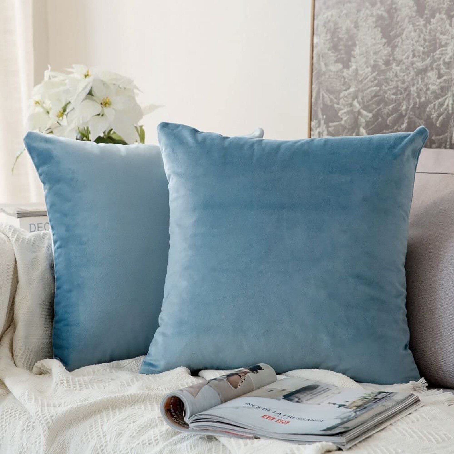 Set of 2 Light Blue Velvet Cushion Covers 45x45 Cm Etsy UK