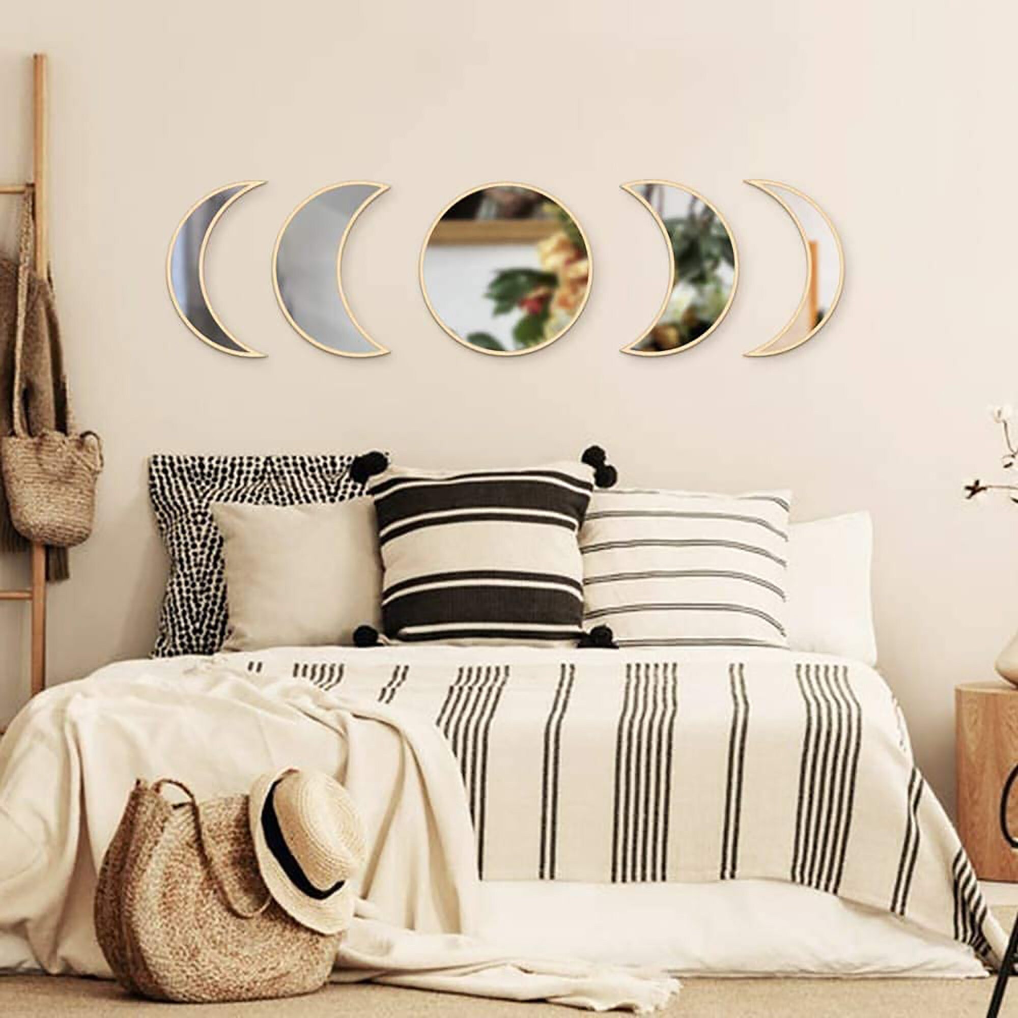 Set of 5 Moon Phase Wall Mirrors Black / Beige Etsy