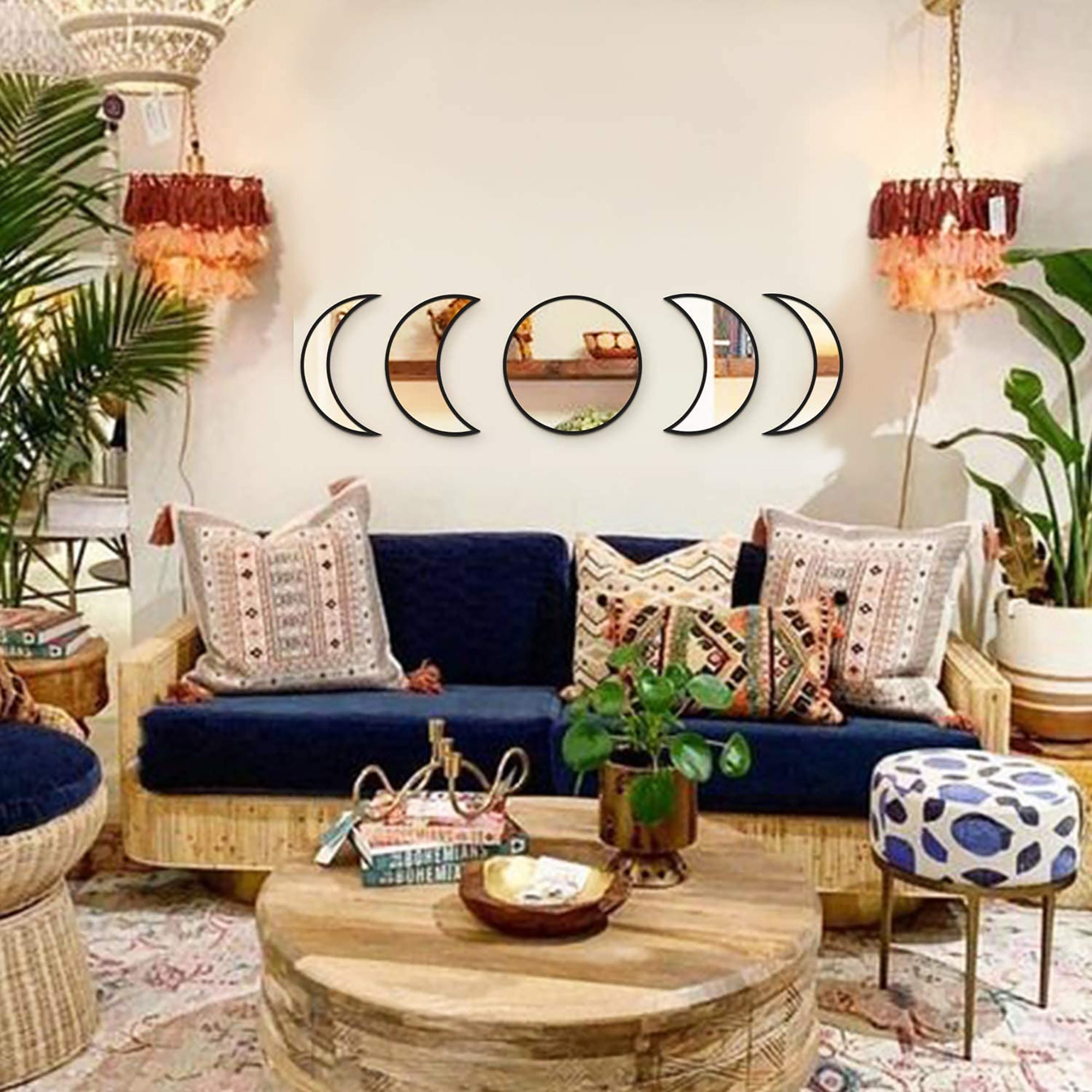 Set of 5 Moon Phase Wall Mirrors Black Etsy UK