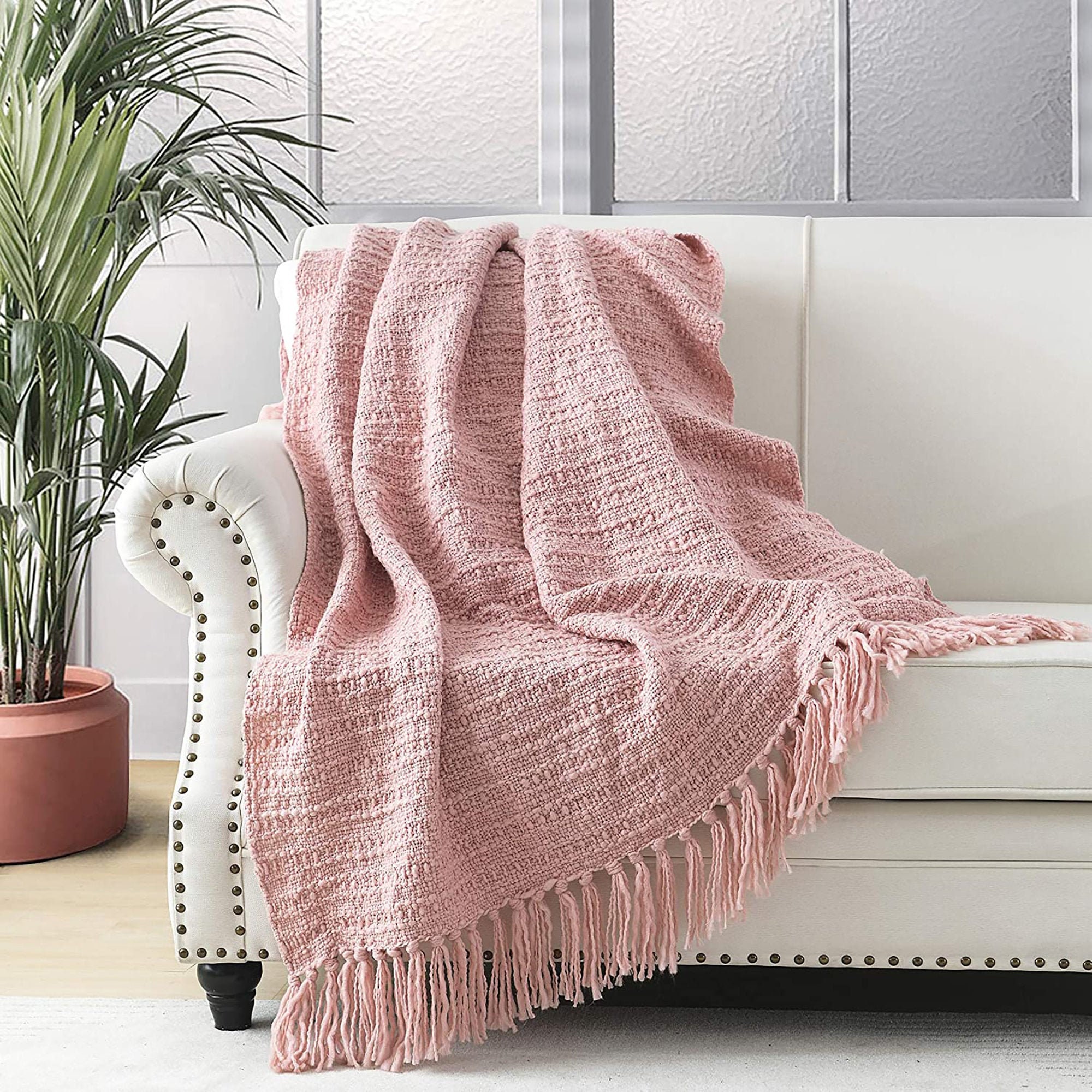 Pink Knitted Blanket With Tassel Decorative Knitted Throw Bed Etsy