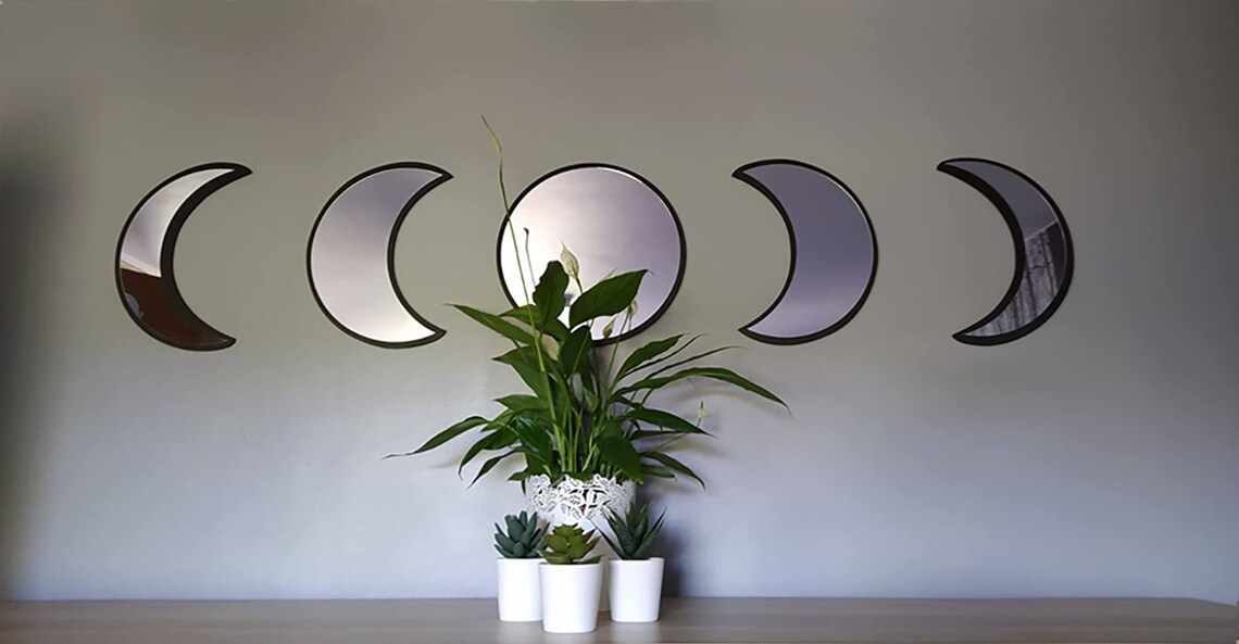 Set of 5 Moon Phase Wall Mirrors Black Etsy UK