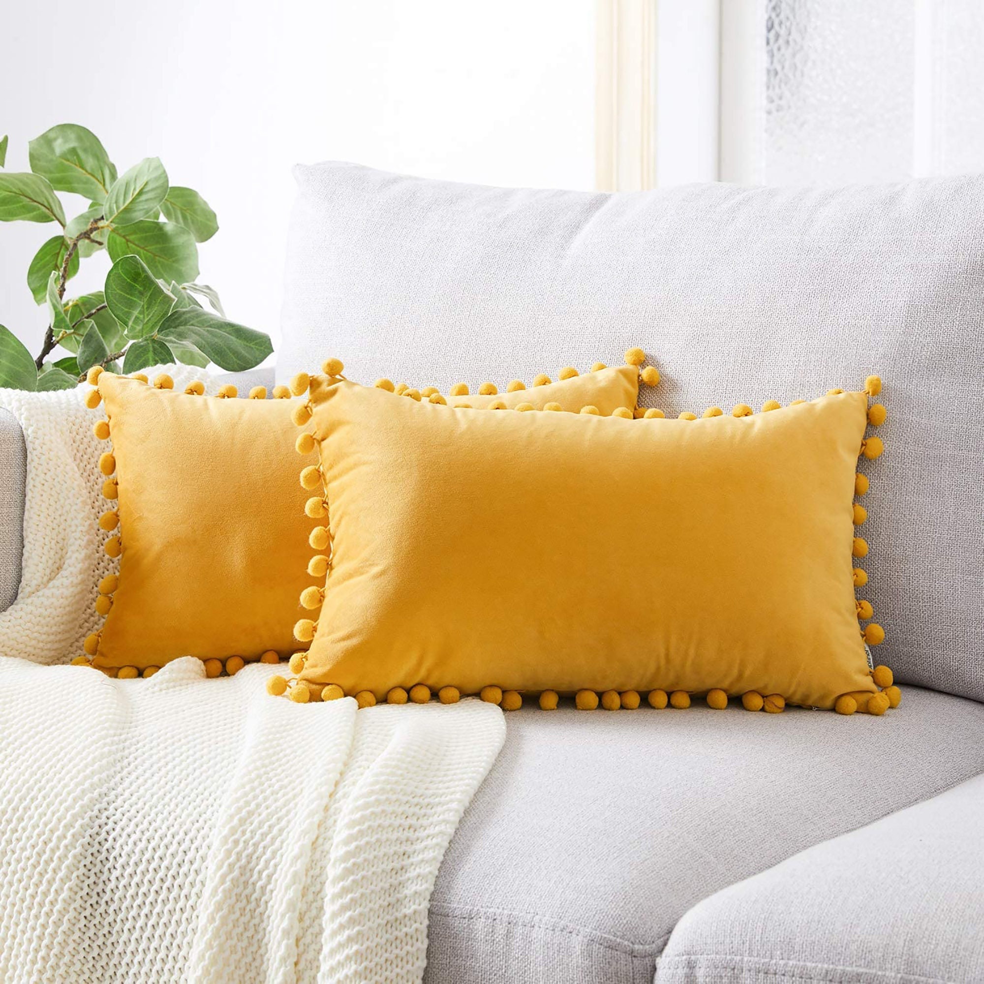 Set of 2 Yellow Pom Pom Velvet Cushion Covers Rectangular Etsy UK