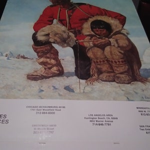 May include: A vintage calendar featuring a painting of two people in winter clothing. The man is wearing a red coat and the woman is wearing a brown coat. They are both looking down at something in the snow. The calendar is for December 1980.