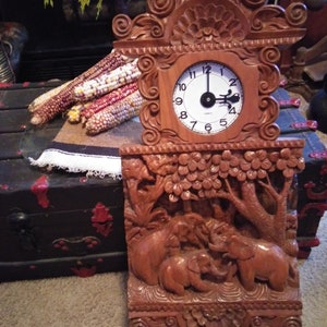 Elephant Carved Wooden Clock