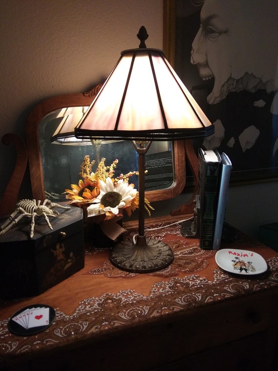 Antique Stained Glass Table Lamp Signed Etsy