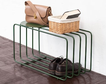 Groen modern schoenenrek, metalen entreebank, schoenenrek van hoge kwaliteit, metalen schoenenstandaard, moderne standaard voor schoenen, mager metalen schoenenrek