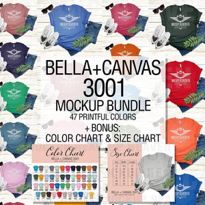 Maqueta de lienzo Bella Canvas 3001 de Printful. Tabla de colores y tabla de tallas incluidas. Maquetas de camisetas planas con impresión a pedido. Incluye colores festivos