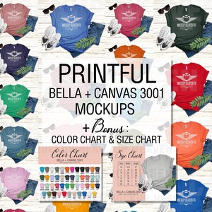 Maqueta de lienzo Bella Canvas 3001 de Printful. Tabla de colores y tabla de tallas incluidas. Maquetas de camisetas planas con impresión a pedido. Incluye colores festivos