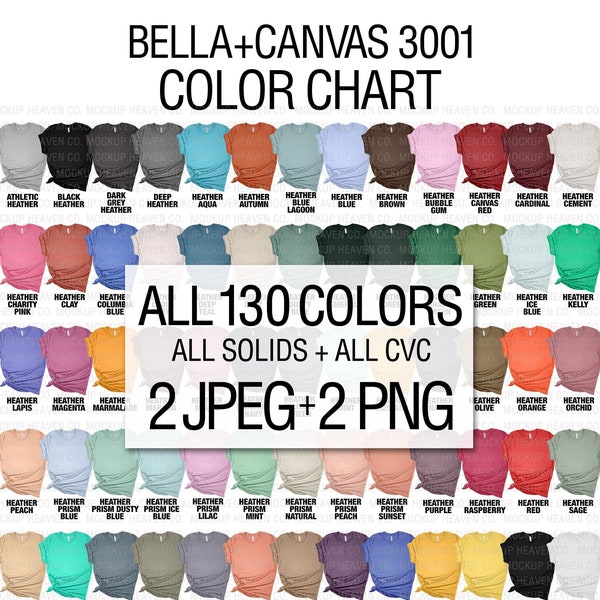 Bella Canvas 3001 Mockup Color Chart JPEG + PNG All 130 Colors White & Transparent Background Print On Demand Mockup T-shirt Color Chart