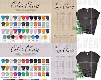 Bella Canvas 3001 Color Chart & Size Chart Bundle 2 Colors Gray Gold Printful Colors Print On Demand T-shirt Mockup Color Chart Size Chart