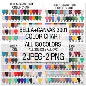 Maqueta de Bella Canvas 3001 con tabla de colores JPEG + PNG, 130 colores, fondo blanco y transparente, impresión a pedido, maqueta de camiseta, tabla de colores