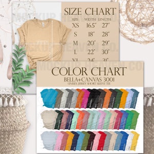 Tabla de tallas Bella Canvas 3001 + Tabla de colores a juego con todos los colores de Printful + Paquete de tabla de maquetas de camisetas en malva jaspeado para impresión a pedido