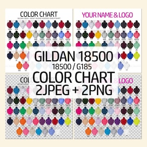 Carta de colores Gildan 18500 G185 Carta de colores de sudadera con capucha de mezcla pesada 2 archivos JPEG + 2 PNG Fondos blancos + transparentes 4 archivos