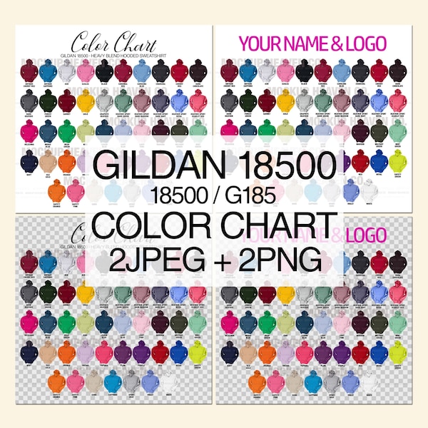 Gildan 18500 Color Chart G185 Heavy Blend Hooded Sweatshirt Color Chart 2 JPEG + 2 PNG Files White + Transparent Backgrounds 4 Files