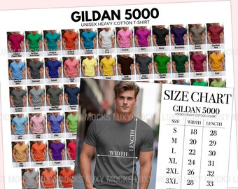 Gildan 5000 G500 Farbkarte + Größentabelle Herren Stil T-Shirt G500 Farb- und Größentabelle Bundle 2 JPEG-Dateien Nicht bearbeitbarer digitaler Download