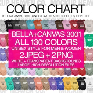Maqueta de Bella Canvas 3001 unisex, carta de colores, 130 colores, camiseta + CVC Heathers, JPEG + PNG, 4 archivos de alta resolución, tabla de camisetas para hombres y mujeres