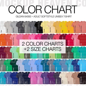Paquete de 4 archivos de maquetas de Gildan 64000 G640, tabla de colores y tabla de tallas, camiseta unisex Softstyle, 2 tablas de colores y 2 tablas de tallas, impresión a pedido