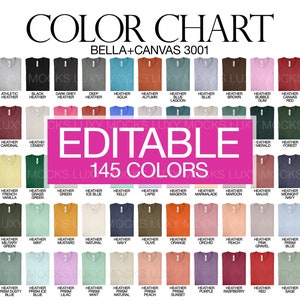 Tabla de colores editable Bella Canvas 3001 Camisas dobladas 145 archivos PNG transparentes + 30 plantillas JPEG / Maqueta de camiseta para hombres y mujeres Tabla personalizada