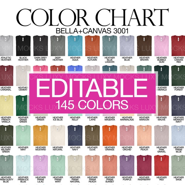 Editable Color Chart Bella Canvas 3001 Folded Shirts 145 PNG Transparent Files + 30 JPEG Templates | Men Women T-shirt Mockup Custom Chart