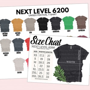 K&ouml;nnte beinhalten: Gr&ouml;&szlig;entabelle f&uuml;r Next Level 6200 Unisex-Festival-T-Shirts. Die Tabelle zeigt die Breite und L&auml;nge in Zoll f&uuml;r die Gr&ouml;&szlig;en XS bis 3XL.