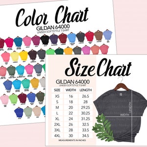 Gildan 64000 G640 Kleurenkaart en maattabelbundel JPEG-indeling Grafiekweergaven 73 kleuren | Gildan Softstyle | Hanger platliggende knoop dames