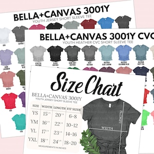 Bella Canvas 3001Y Farbtabelle + Größentabelle | 3 JPEG-Dateien | Solid + Heather CVC-Farben | Bella Canvas Jugendstil | 3001 Jugendkarten