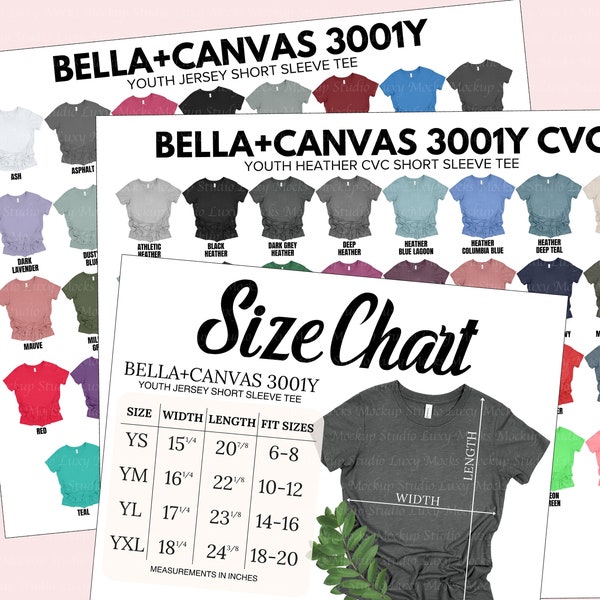 Bella Canvas 3001Y Color Chart + Size Chart Bundle | 3 JPEG Files | Solid + Heather CVC Colors | Bella Canvas Youth | 3001 Youth Charts