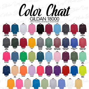 Gildan 18000 G180-kleurenkaart | Kleurenkaart uniseks sweater met ronde hals | Hangerstijl | JPEG-indeling | Directe digitale download