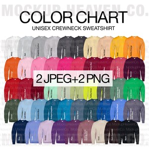 May include: Colour chart for unisex crewneck sweatshirts. The chart shows 40 different colours, including white, ash, orange, light pink, red, cherry red, garnet, mint green, serene green, kiwi, safety green, military green, heather sport, dark green, Irish green, forest, light blue, Carolina blue, antique sapphire, sapphire, indigo blue, legion blue, royal, heather sport royal, heather sport dark navy, navy, violet, orchid, purple, plum, heather sport dark maroon, sand, dark chocolate, black, and safety orange.