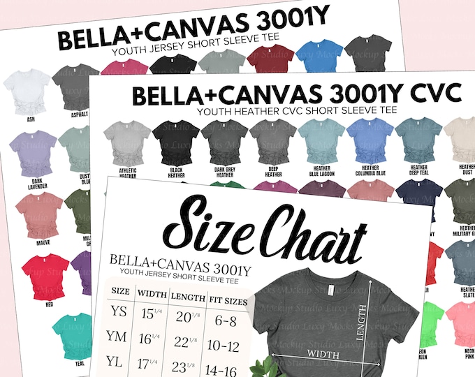 Bella Canvas 3001Y Size Chart, Bella Canvas 3001Y Color Chart, Bella