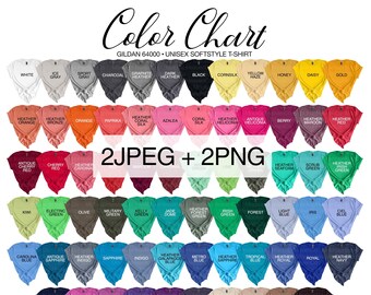 Gildan 64000 Color Chart: 70 Colors Softstyle T-Shirt Mockups (2 JPEG + 2 PNG)
