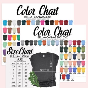 Paquete de tabla de colores a juego y tabla de tallas Bella Canvas 3001 / 3 archivos JPEG / Tabla de colores de camisetas 3001 lisas y jaspeadas / 2024 colores unisex
