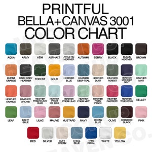 Tabla de colores de Bella Canvas 3001 para camisetas unisex de Printful Tabla de colores para listados de tiendas Descarga digital Colores de Bella Canvas para Printful